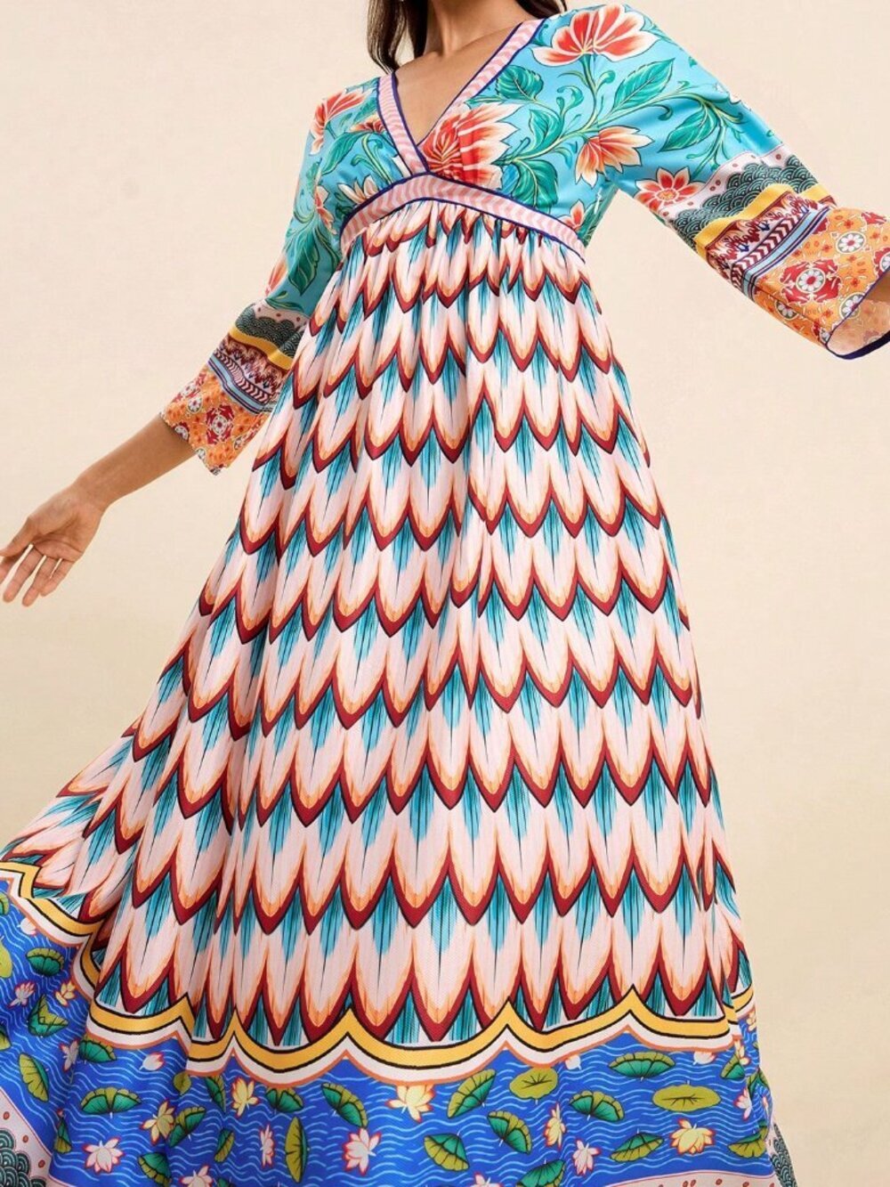 Multicolor Boho Women's Tropical Floral V-Neck Long Dress - Picture 3 of 8